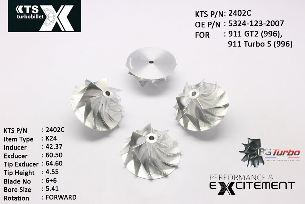 Turbo ROUE FORGÉE MFS PERFORMANCE - 6+6 PALES - INDUCER : 42,37 - EXDUCER : 60,5 - TYPE : K24ANGLE : 55° - ROTATION : Forward - SUPER BACK : -0,02 - BORE SIZE : 5,41
